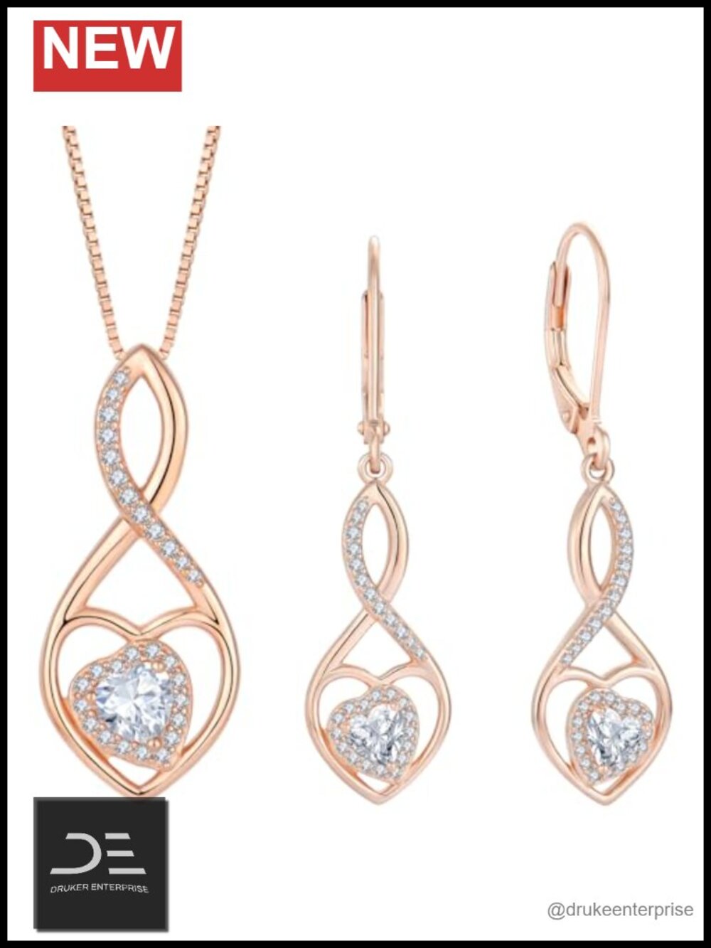 Rose Gold 925 Sterling Silver Infinity Heart Necklace and Earring Set with
